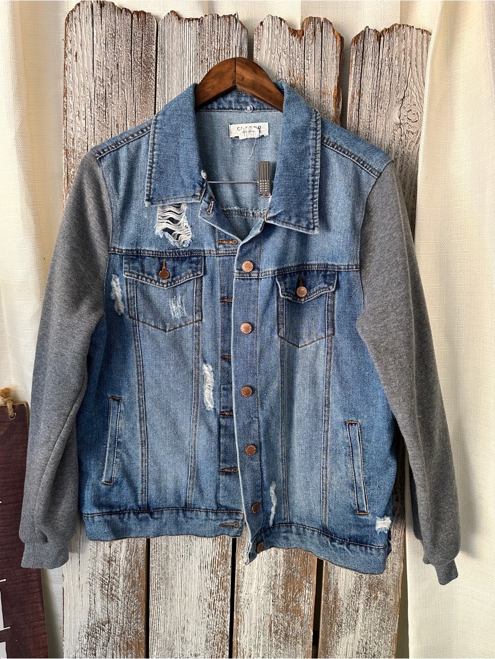 Ci Sono Two-Tone Distressed Denim Jacket with Gray Sleeves